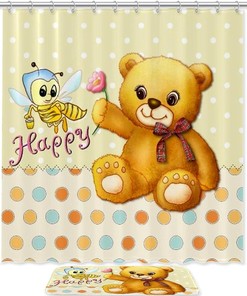 Bear and Bee Printing Waterproof Fabric Bathroom Shower Curtain 