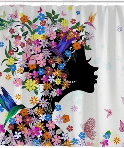 Beautiful Girl Flowers Butterfly Hummingbird Shower Curtain - Waterproof Bathroom Decoration