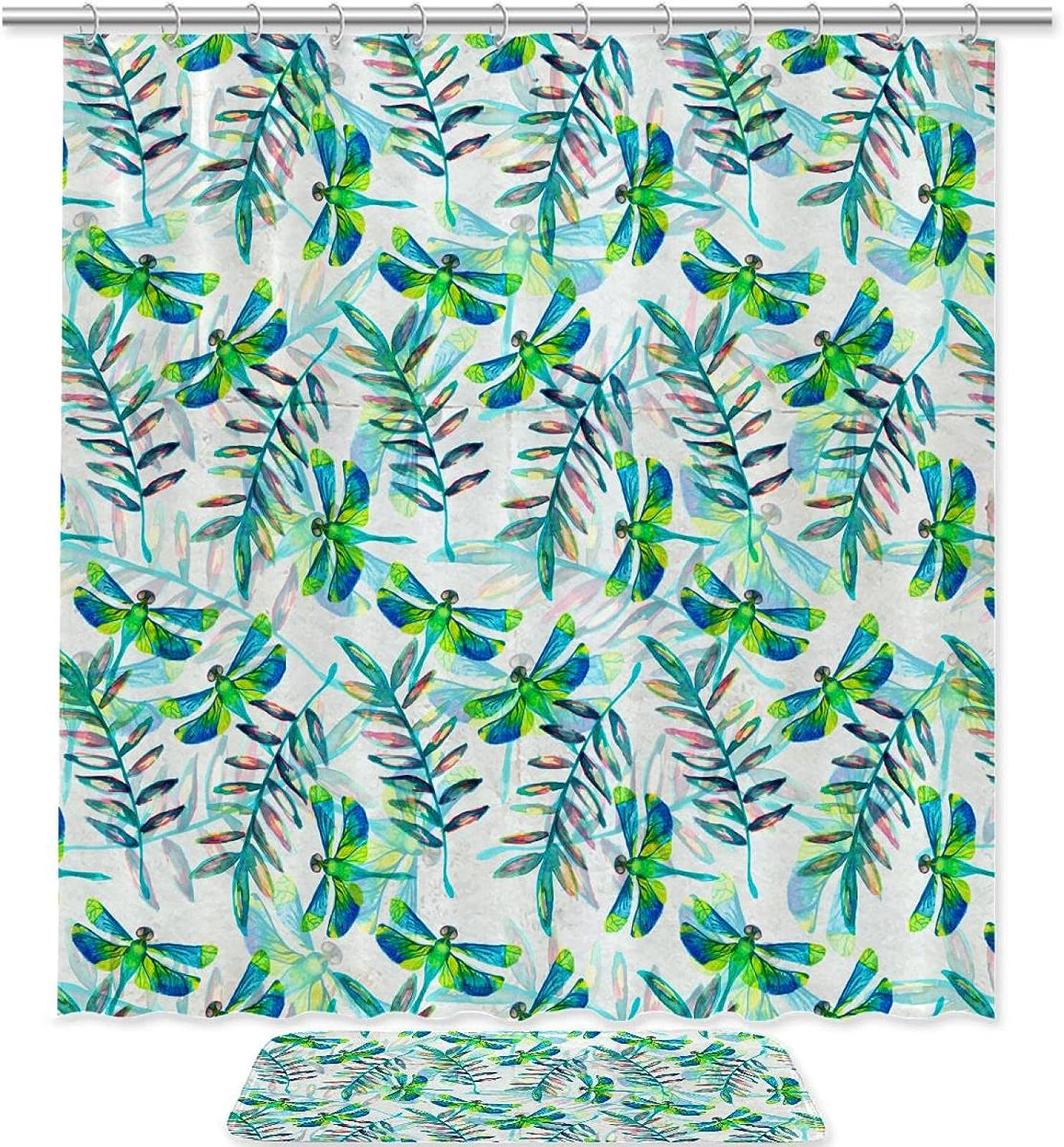 Beautiful Green Dragonfly Printing Waterproof Fabric Bathroom Shower Curtain