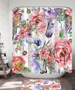 Beautiful Painting of Flowers and Horses Shower Curtain for Artistic Bathroom