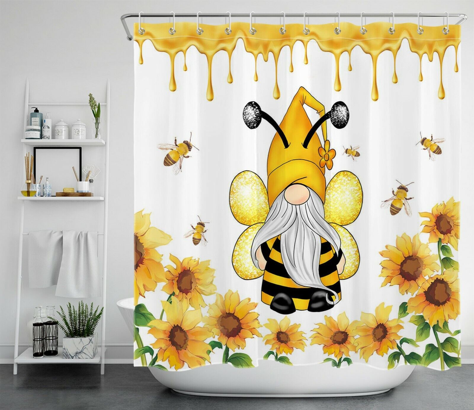 Bee Gnome Elf Shower Curtain with Watercolor Sunflowers for a Buzz-Worthy Bathroom Decor