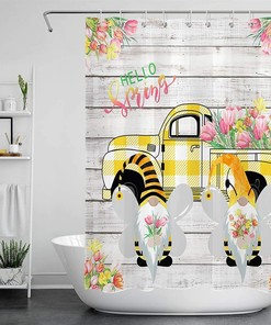 Bee Gnome Rustic Farmhouse Shower Curtain for Bathroom Decor - Tulips Flower Truck Design