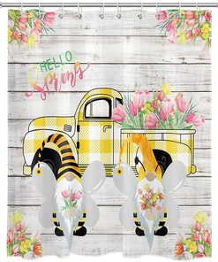 Bee Gnome Rustic Farmhouse Shower Curtain for Bathroom Decor - Tulips Flower Truck Design