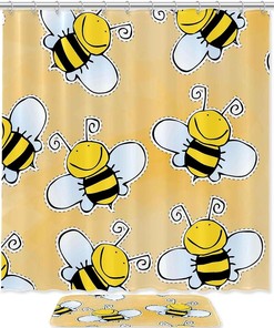 Bees Pattern Waterproof Shower Curtain for Bathroom - Fabric Curtain with Cute Bee Pattern