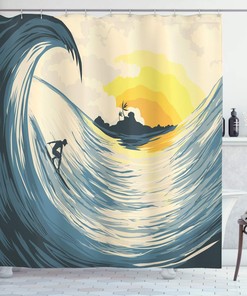 Beige Yellow Navy Ocean Shower Curtain, Illustration of Cloudy Sky Tropical Island Wave and Surfer, Bathroom Decor 