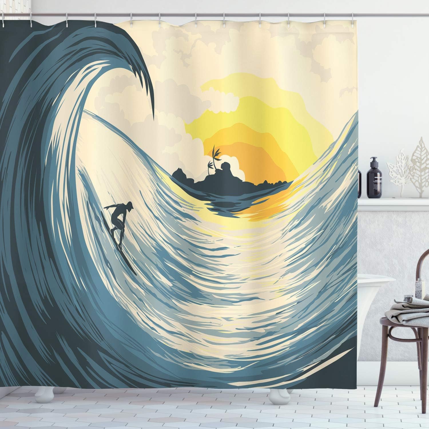 Beige Yellow Navy Ocean Shower Curtain, Illustration of Cloudy Sky Tropical Island Wave and Surfer, Bathroom Decor