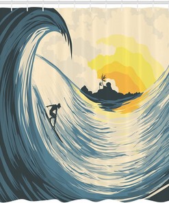 Beige Yellow Navy Ocean Shower Curtain, Illustration of Cloudy Sky Tropical Island Wave and Surfer, Bathroom Decor