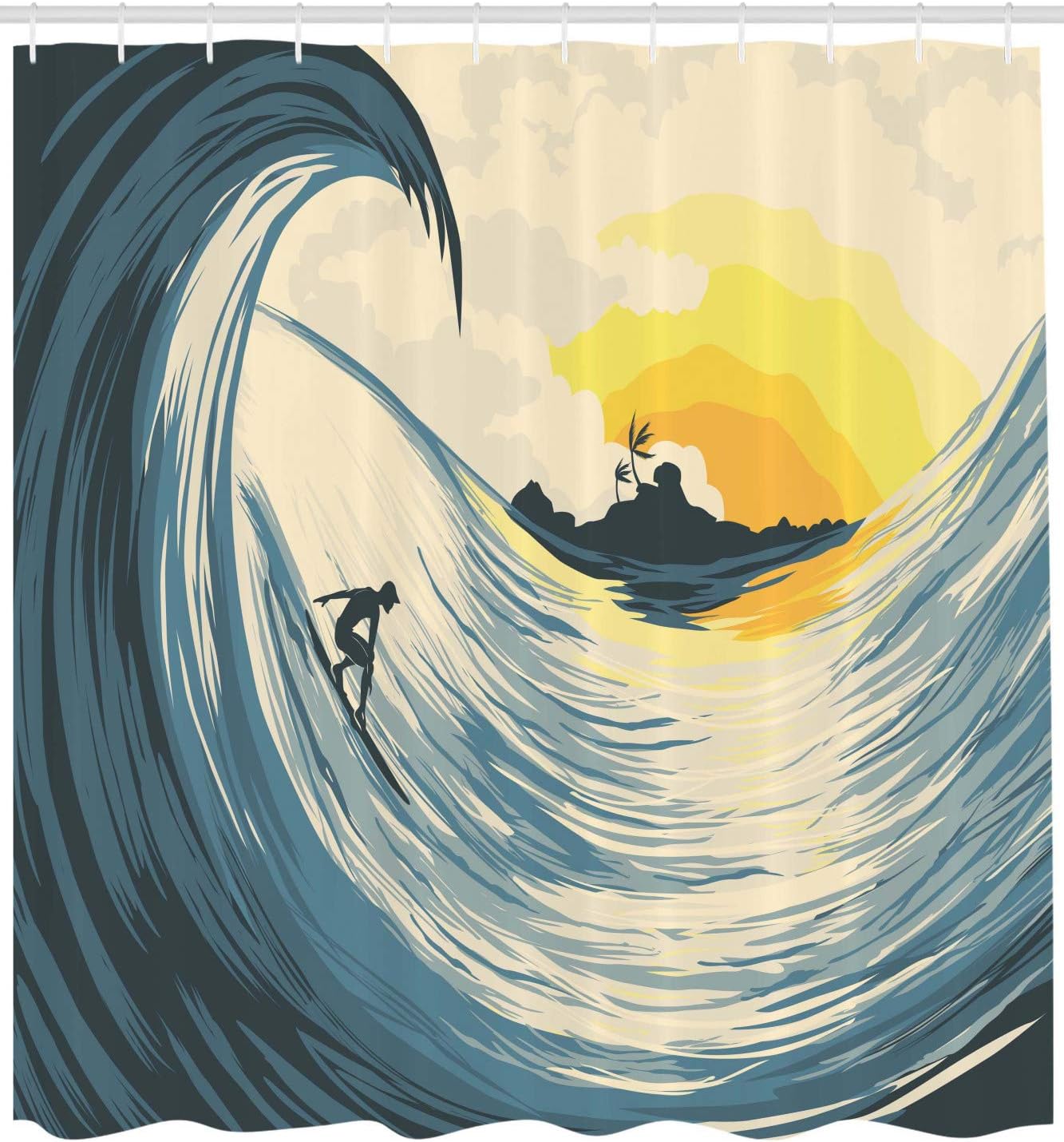 Beige Yellow Navy Ocean Shower Curtain, Illustration of Cloudy Sky Tropical Island Wave and Surfer, Bathroom Decor