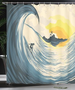 Beige Yellow Navy Ocean Shower Curtain, Illustration of Cloudy Sky Tropical Island Wave and Surfer, Bathroom Decor