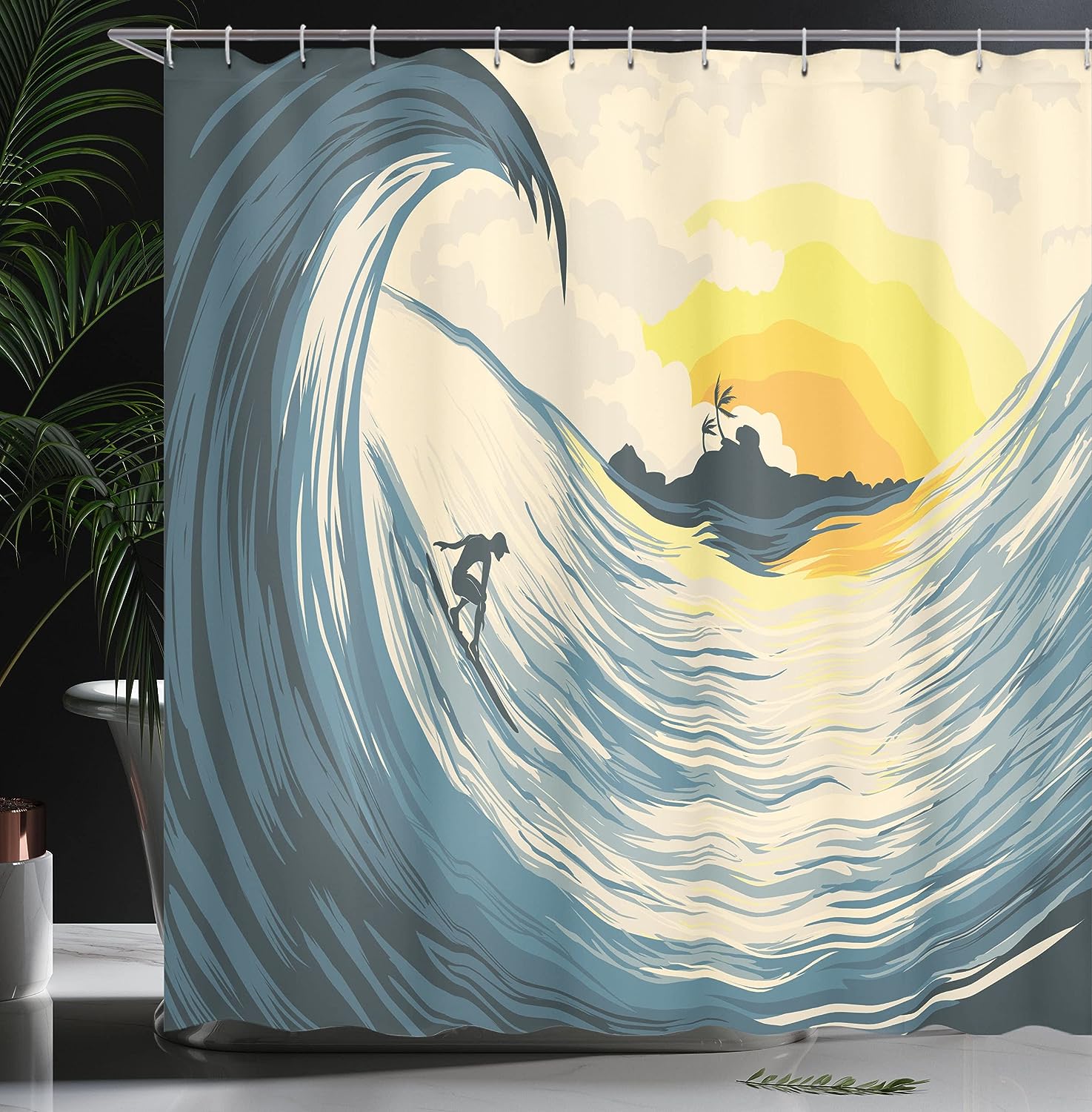 Beige Yellow Navy Ocean Shower Curtain, Illustration of Cloudy Sky Tropical Island Wave and Surfer, Bathroom Decor