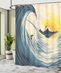 Beige Yellow Navy Ocean Shower Curtain, Illustration of Cloudy Sky Tropical Island Wave and Surfer, Bathroom Decor
