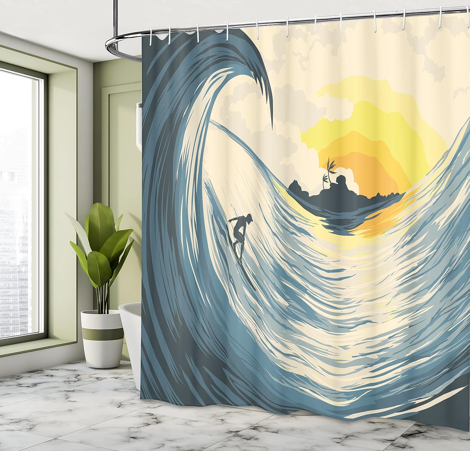 Beige Yellow Navy Ocean Shower Curtain, Illustration of Cloudy Sky Tropical Island Wave and Surfer, Bathroom Decor