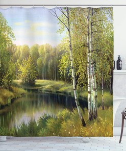 Birch Tree Forest Shower Curtain with River Oil Paint Effect for Bathroom Decor