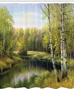 Birch Tree Forest Shower Curtain with River Oil Paint Effect for Bathroom Decor