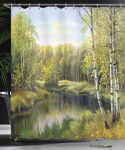 Birch Tree Forest Shower Curtain with River Oil Paint Effect for Bathroom Decor
