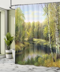 Birch Tree Forest Shower Curtain with River Oil Paint Effect for Bathroom Decor