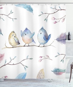 Bird Shower Curtain, Hand Drawn Sitting Cartoon in Boho Style Leaves Feathers- Home Decor