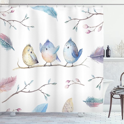 Bird Shower Curtain, Hand Drawn Sitting Cartoon in Boho Style Leaves Feathers- Home Decor