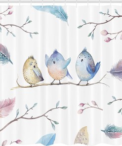 Bird Shower Curtain, Hand Drawn Sitting Cartoon in Boho Style Leaves Feathers- Home Decor