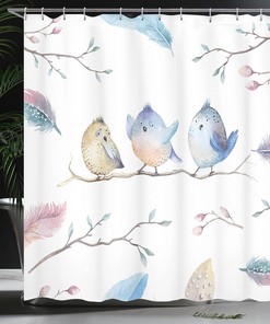 Bird Shower Curtain, Hand Drawn Sitting Cartoon in Boho Style Leaves Feathers- Home Decor