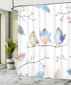 Bird Shower Curtain, Hand Drawn Sitting Cartoon in Boho Style Leaves Feathers- Home Decor