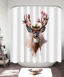 Birds Nest on Deer Antlers Shower Curtain - Art Painting Cute Bathroom Decor