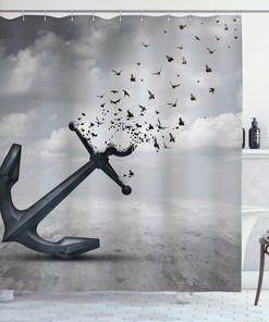 Birds and Anchor Shower Curtain, Flying Seagulls Print for Bathroom Decor, Grey