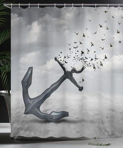 Birds and Anchor Shower Curtain, Flying Seagulls Print for Bathroom Decor, Grey