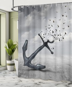 Birds and Anchor Shower Curtain, Flying Seagulls Print for Bathroom Decor, Grey