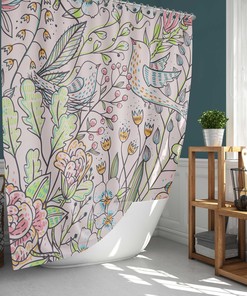 Birds in Floral Garden Shower Curtain Set with Matching Bathroom Mat - Home Bath Decor
