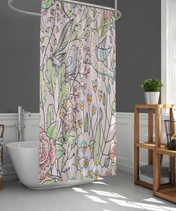Birds in Floral Garden Shower Curtain Set with Matching Bathroom Mat - Home Bath Decor