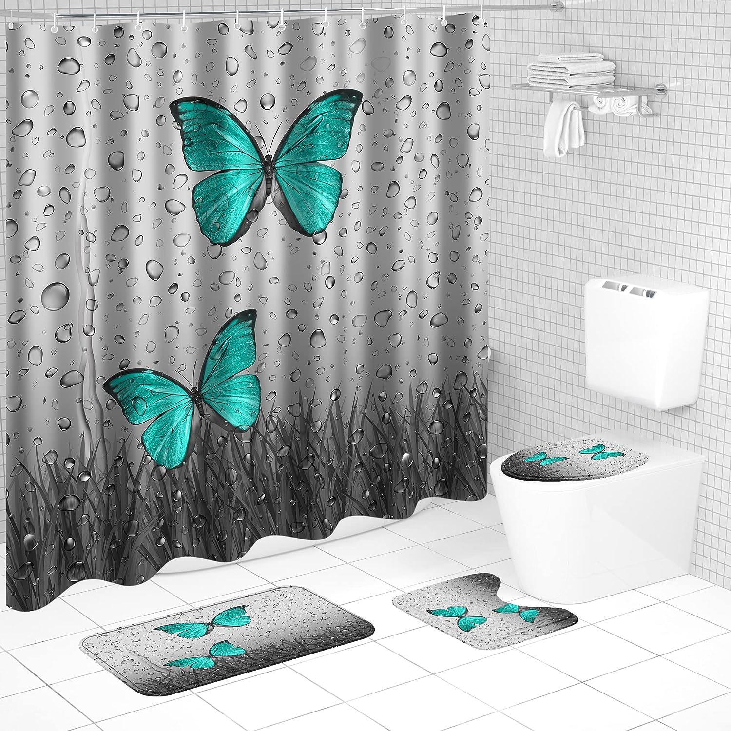 Biustar Green Butterfly Bathroom Accessories Set with Shower Curtain, Raindrop Bathroom, and More