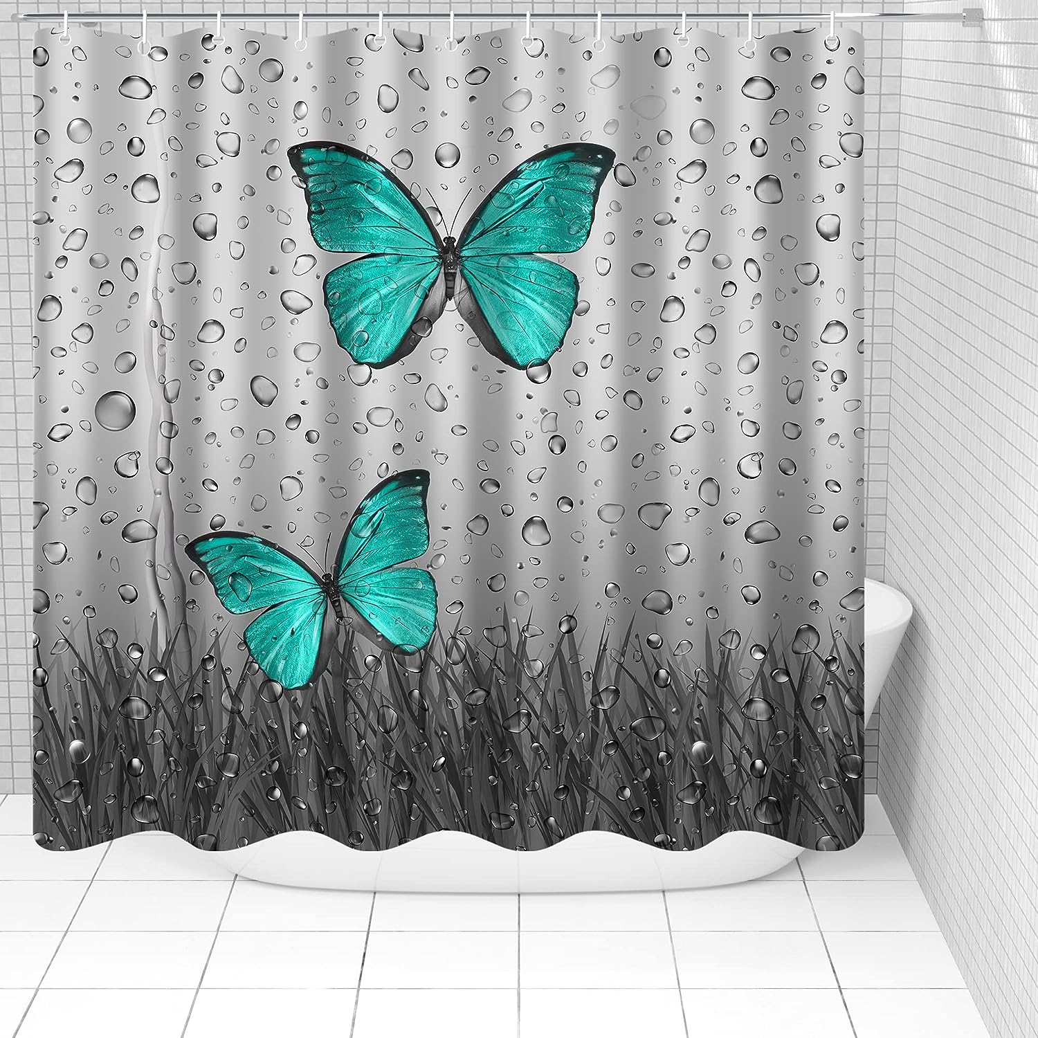 Biustar Green Butterfly Bathroom Accessories Set with Shower Curtain, Raindrop Bathroom, and More
