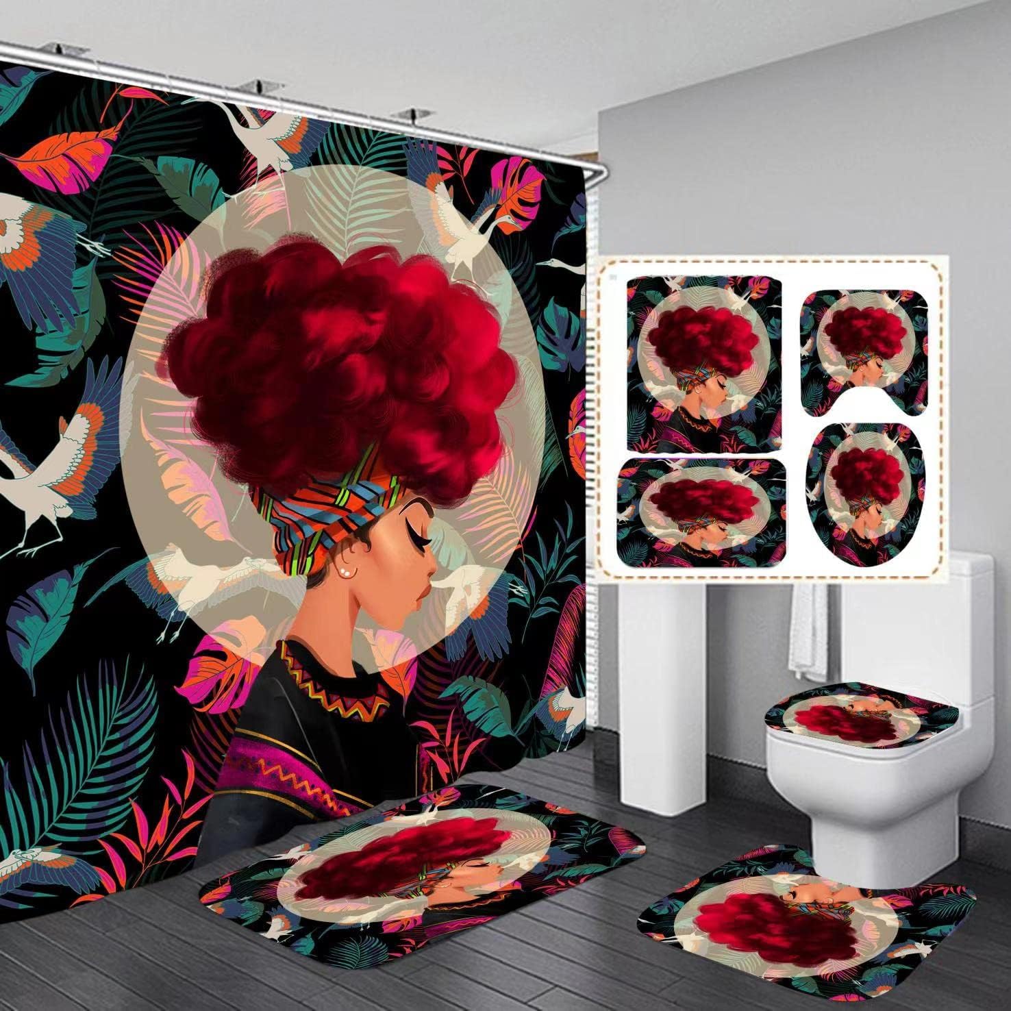 Black African American Shower Curtain - Beautiful Lady with Accessories for Bathroom Decor