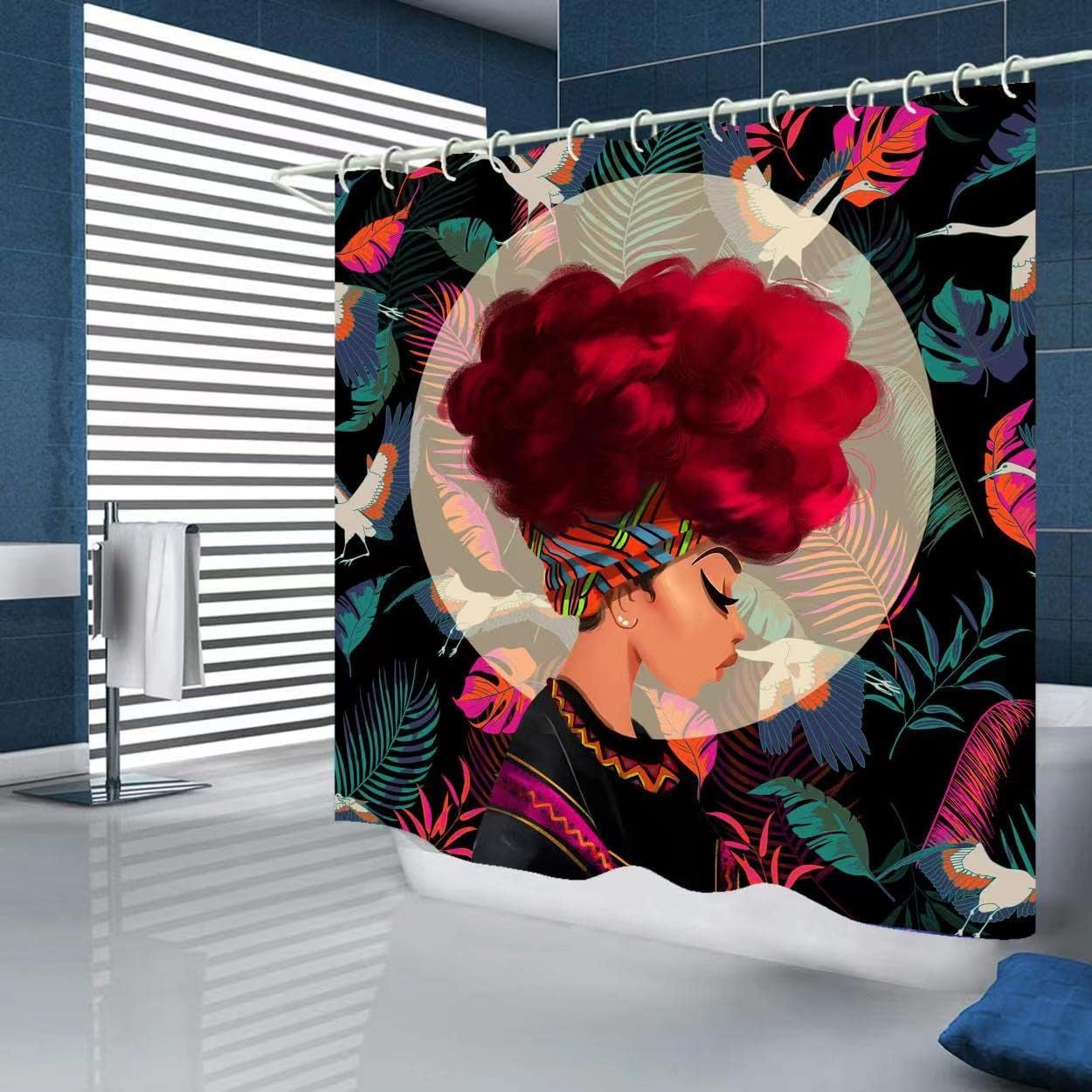 Black African American Shower Curtain - Beautiful Lady with Accessories for Bathroom Decor