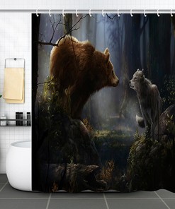 Black Bear and Wolf Waterproof Shower Curtain for Bathroom Decor