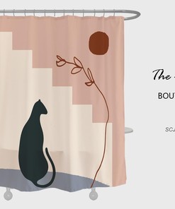 Black Cat and Flower Shower Curtain - Abstract Sun Design Bathroom Decor with Customized Sizes 