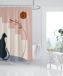 Black Cat and Flower Shower Curtain - Abstract Sun Design Bathroom Decor with Customized Sizes
