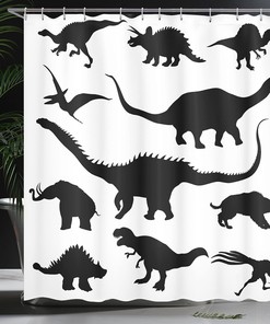Black Dinosaur Silhouette Evolution Pattern Shower Curtain, Cloth Bathroom Decor