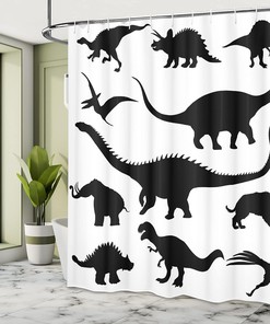 Black Dinosaur Silhouette Evolution Pattern Shower Curtain, Cloth Bathroom Decor
