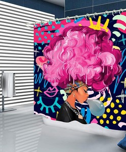 Black Girl Red Bathroom Shower Curtain Set with African American Woman