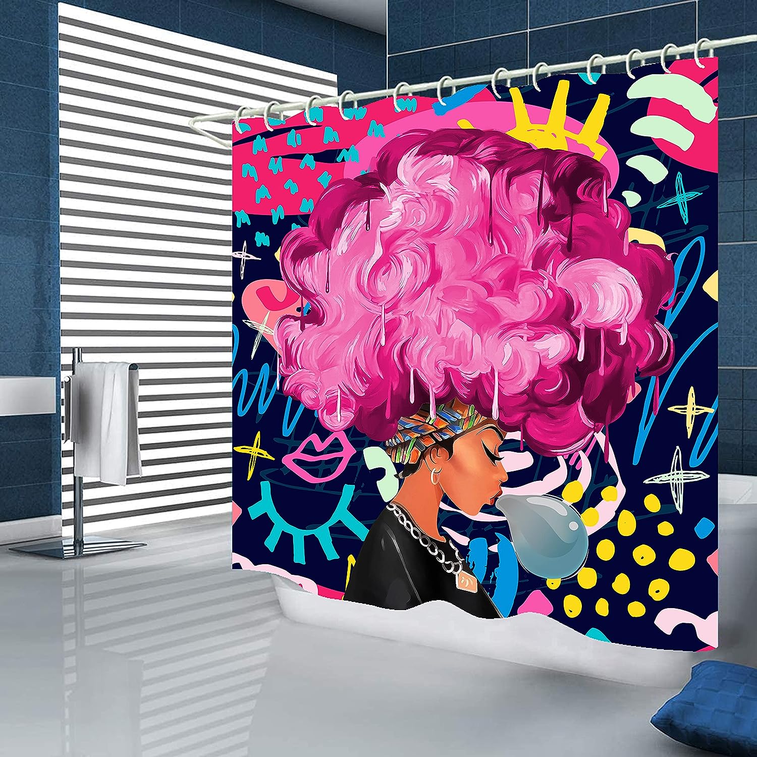 Black Girl Red Bathroom Shower Curtain Set with African American Woman