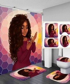 Black Girl Shower Curtain Set with Vibrant Bathroom Accessories 