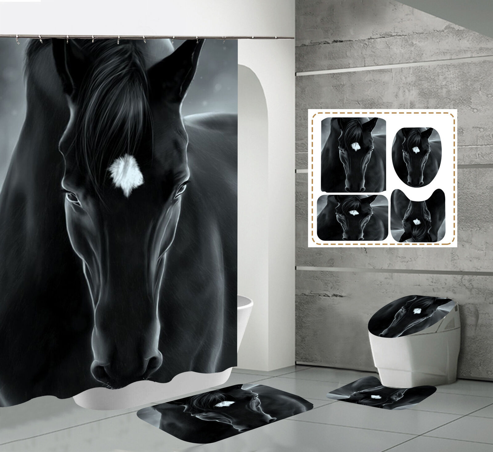 Black Horse Steed Animal Print Shower Curtain for Horse Lovers