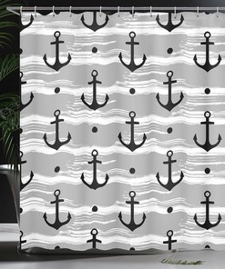 Black Pearl Marine Shower Curtain with Pirate Anchors and Skulls Illustration for a Gothic Bathroom Decor