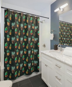 Black Succulent Cactus Shower Curtain - Bathroom Accessory