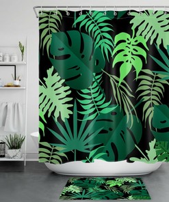 Black Tropical Jungle Banana Leaf Shower Curtain - Botanical Bathroom Decor