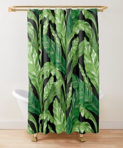 Black Tropical Leaves Botanical Shower Curtain - Greenery Bathroom Decor