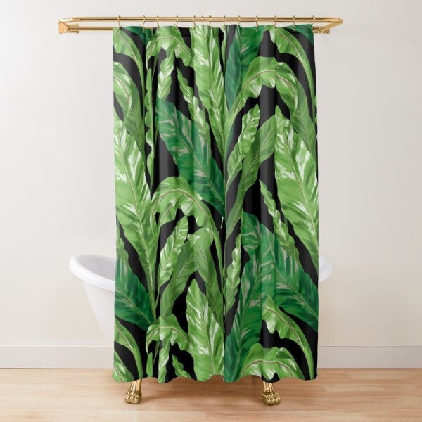 Black Tropical Leaves Botanical Shower Curtain - Greenery Bathroom Decor
