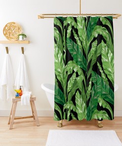 Black Tropical Leaves Botanical Shower Curtain - Greenery Bathroom Decor